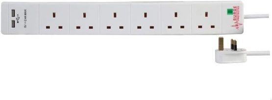 Pro Elec PEL00114 6 Way 2 USB Surge Protected Extension Lead, 3m Length, White