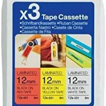 Brother TZe-31M3 (TZe-231/TZe-631/TZe-431) Labelling Tape Cassettes, Multi Pack, Black on White/Yellow/Red, 12 mm (W) x 8 m (L), Laminated, Includes 3 x Tapes, Brother Genuine Supplies