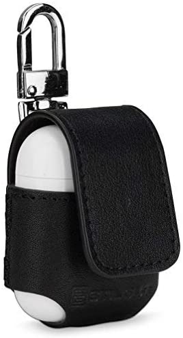 StilGut Leather Case with Snap Link Compatible with AirPods Earphones, Black Nappa, Black Nappa - Snap Link