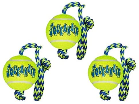 KONG SqueakAir Ball with Rope Dog Toy, Medium x 3, yellow, 3 Count (Pack of 1)