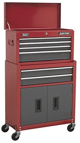 Sealey Ap2200Bb Topchest & Rollcab Combi 6 Drawer Ball Bearing Runners Red/Grey, White, Mid-size