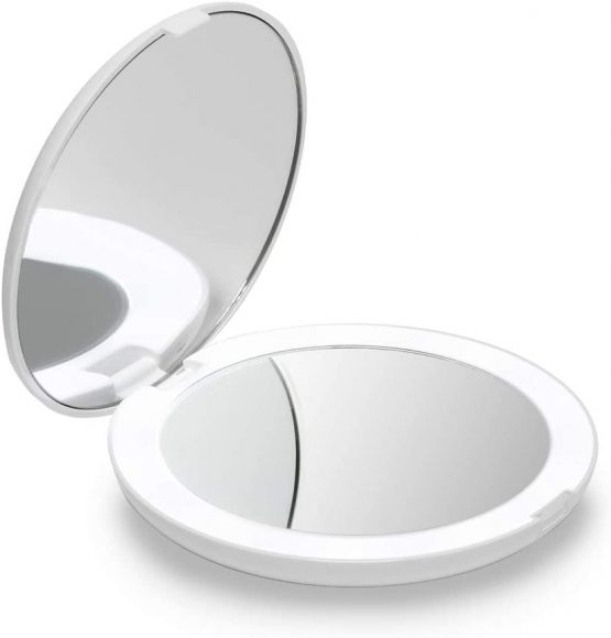 Fancii LED Lighted Travel Makeup Mirror, 1X/10X Magnification - Daylight Led, Compact, Portable, Large 127mm Wide Illuminated Mirror, Silk White (Lumi)