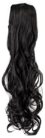Hairpiece PONYTAIL (comb & ribbon wrap-around system) extension pigtail very long (24 inches) slightly CURLED wavy DARK BROWN YZF-1094HT-3