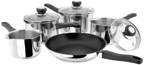 Judge Vista Draining Set of 5 Stainless Steel, 16cm 18cm 20cm Saucepans with Pouring Lip and Strainer Lids, 14cm Milk Pan
