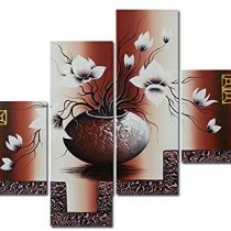 Wieco Art - Elegant Flowers Modern Stretched and Framed Artwork 4 Piece 100% Hand Painted Floral Oil Paintings on Canvas Wall Art Ready to Hang for Living Room Bedroom Home Decorations