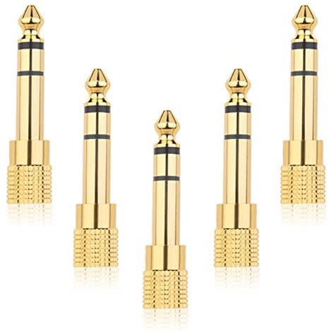 Valefod Stereo Audio Adapter 6.35mm (1/4 inch) Male to 3.5mm (1/8 inch) Female Headphone Jack, 5 Pack, Gold, 1/4"M-1/8"F