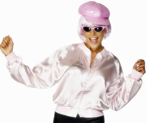 Smiffys Grease Pink Ladies Jacket for Women Pink Jacket with Embroidered Logo, Officially Licensed
