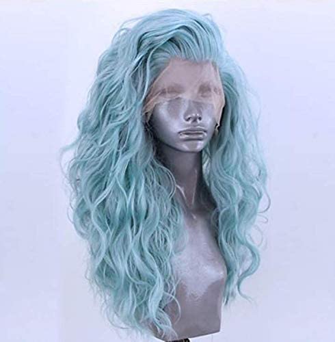 Royalvirgin Beauty Glueless High Temperature Heat Resistant Fiber Hair Long Wavy Mint Blue Synthetic Lace Front Wig Side Part for Drag Queen - Image 2