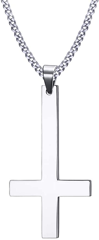 VNOX Men's Women's Stainless Steel Inverted Upside Down Cross Necklace Pendant with Cuban Chain Silver,60cm
