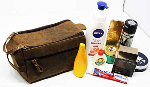 Men's Genuine Leather Toiletry Bag Waterproof Dopp Kit Shaving Bags and Grooming for Travel Groomsmen Gift Men Women Hanging Zippered Makeup Bathroom Cosmetic Pouch Case Make Up kit - Image 3