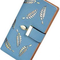 Molylove Women's Leather Wallet Purse Hollow Leaf Pattern Zipper Handbag Button Clutch Bag (Blue)