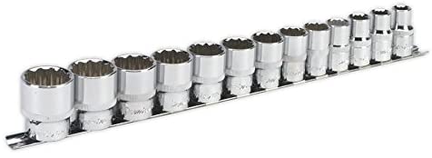 Sealey AK2674 Premier 13 Piece 1/2in Drive Imperial AF Short Socket & Rail Set, Silver, 1/2"