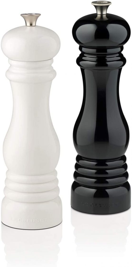 Le Creuset Classic Adjustable Salt & Pepper Mill Set, Chip-resistant ABS Plastic, Anti-Corrosion, 40g, Black and White