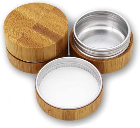 2 Pieces 10ml Empty Aluminum Tin with Bamboo Shell Cosmetic Sample Containers Round Metal Tin Jars Bamboo Tins Round Bamboo Cosmetic Jars with Screw Lids for Make Up Lotion Sample Lip Balm Eye Shadow