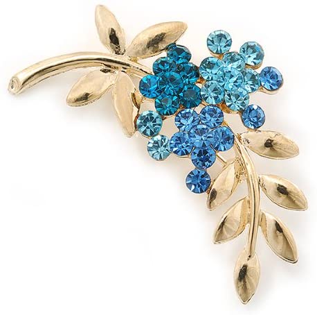 Blue Diamante Floral Brooch In Gold Plating - 50mm Length, gold, blue, light blue - Image 4