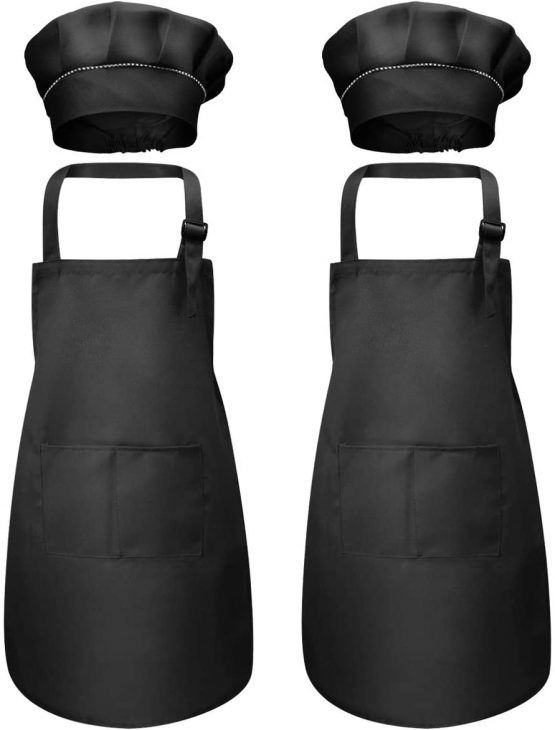 4 Pcs Black Kids Apron and Chef Hat Set, Boys Girls Adjustable Aprons with 2 Pockets, Children Chef Apron Toddler Kitchen Garden Bib Aprons for Cooking Crafting Painting Baking (7-13 Year)