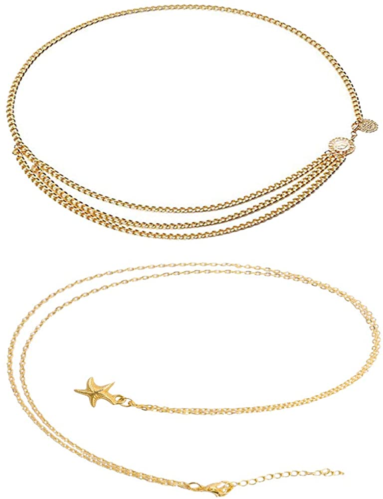 2 Pieces Women Trendy Metal Link Waist Chain Belt,Retro Multi Layer Alloy Body Chain Waistband for Girls,Summer Beach Body Clothing Chain