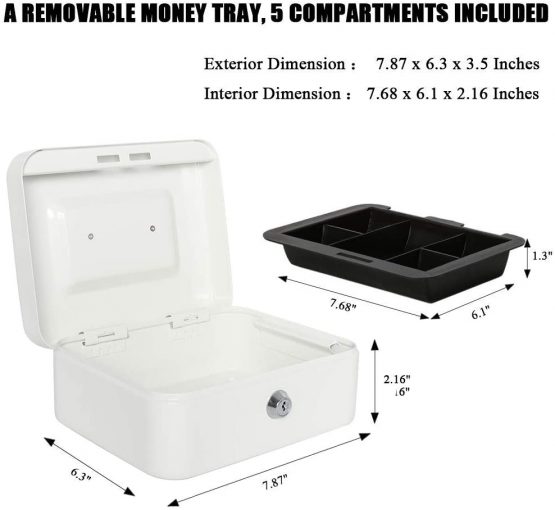 Cash Box with Money Tray, Metal Locking Money Box with Key Lock for Security, 7 4/5" x 6 4/5" x 3 3/5", White - Image 4