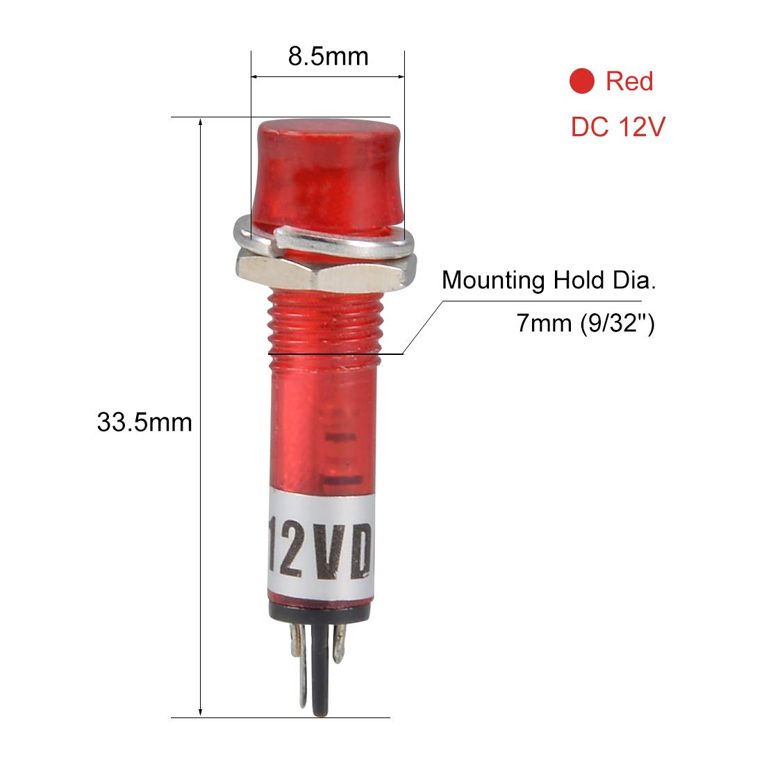sourcing map Signal Indicator Dash Light DC 12V, LED Bulbs XD7-1 Red, 7mm 9/32-inch Panel Mount 10Pcs - Image 2