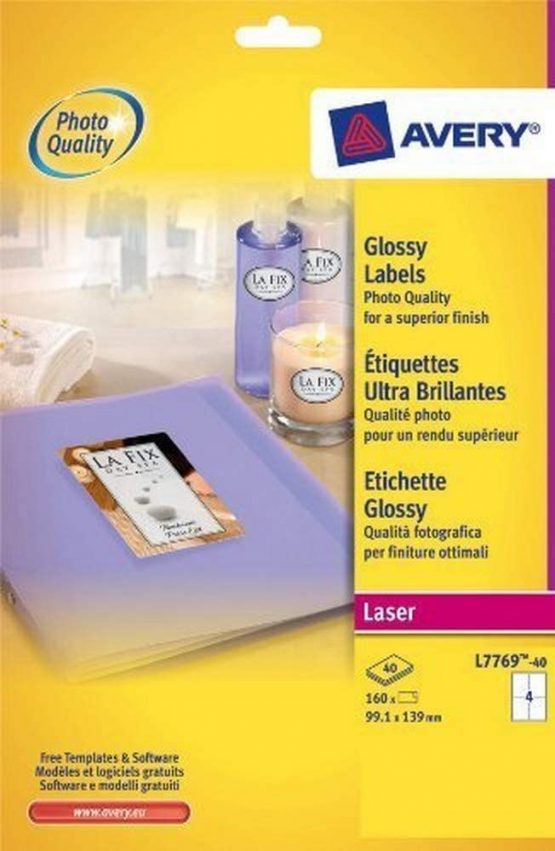 Avery L7769-40 Self-Adhesive Glossy Labels, 4 Labels Per A4 Sheet