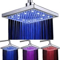DELIPOP LED Square Shower Head 8 inch Temperature Control 3 Colour Changing Water Flow Powered ABS Chrome Finished 12Pcs Led for Bathroom