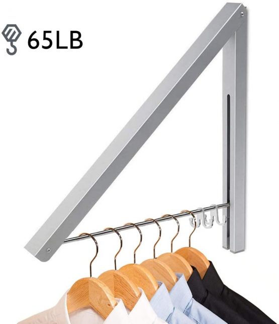 LIVEHITOP Clothes Rack Hanger, Foldable Wall Mounted Clothes Airer Coat Dryer Aluminum Space Saving Clothing Organiser for Laundry Bedroom Indoor Outdoor (Silver)