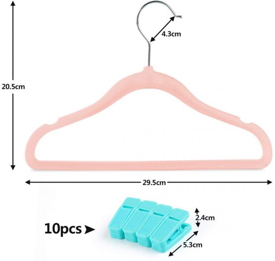 ilauke 20 Pack Kids Velvet Hangers, Children’s Clothes Hangers, Ultra Thin Space Saving Non-Slip 360° Swivel Hook Baby Velvet Hangers with 10 Finger Clips (Pink) - Image 2