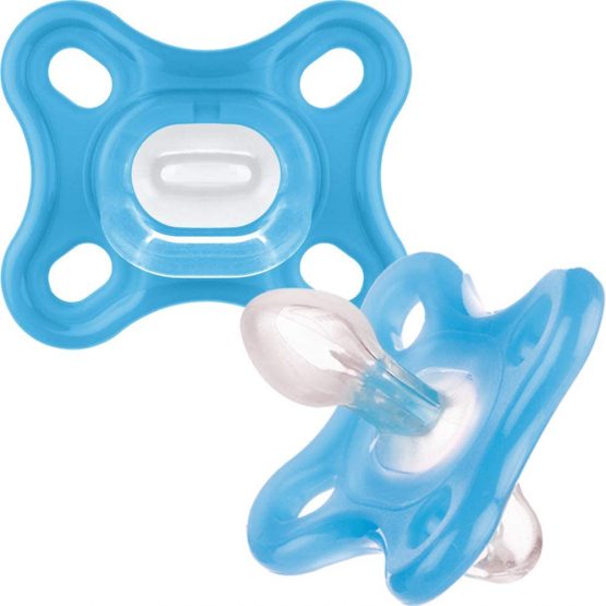 MAM Comfort All-Silicone Soothers 0 Months+ (Pack of 2), Soft and Light soother, Premature and Newborn Essentials, with Self Sterilising Travel Case, Blue