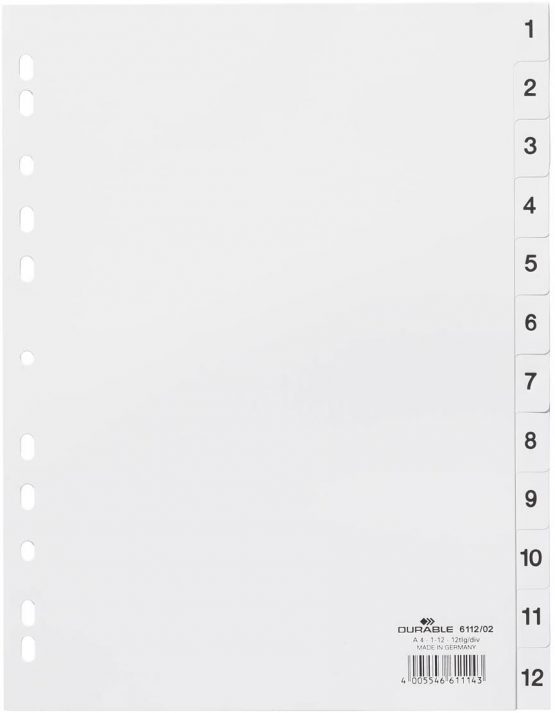 Durable 1-12 Polypropylene Index Dividers | A4 Portrait Full Covering | Pack of 1 Dividers | White | Made in Germany