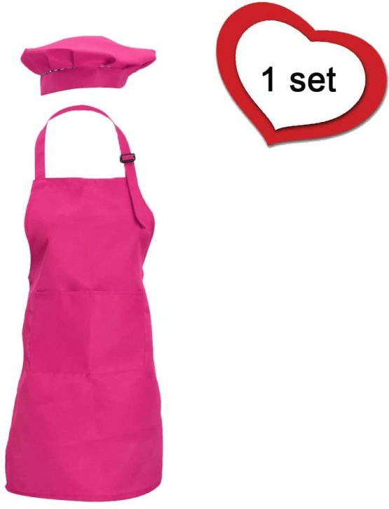 CWFUN 2 Pieces of Kids-Children Bule Apron and Chef Hat,Aprons for Kids-Boys Girls Adjustable Aprons-Children Kid's Kitchen Cooking and Baking Wear(5-13 Years Old) (Baby Blue-1Set, Large)