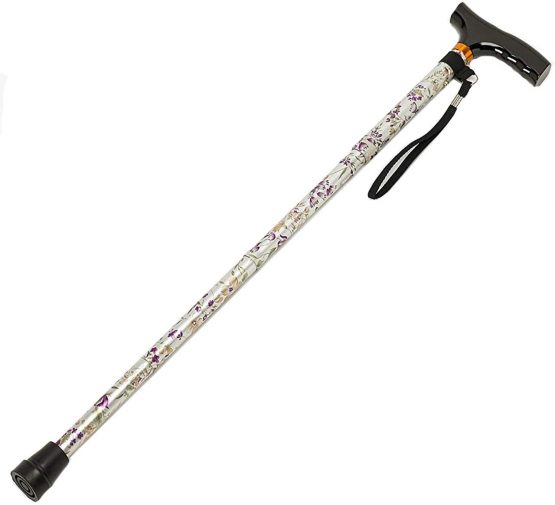 Homecraft Folding Coloured Walking Stick with Wooden Handle, Lightweight Adjustable Walking Cane, Balance, Mobility Aid, Woodland Flowers, 825-925 mm/33-37 Inches, (Eligible for VAT relief in the UK)