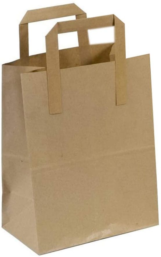 The Paper Bag Company 18 x 23 x 9 cm Paper Carrier Bags with Flat Handles, Pack of 100, Brown