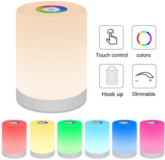 Bedside Table Lamp Touch Sensor, LED Night Light Rechargeable Portable Dimmable RGB Color Changing Modes for Kid Children Bedroom Camping, Adjustable Brightness Eye Caring Metal Handle (Warm White)