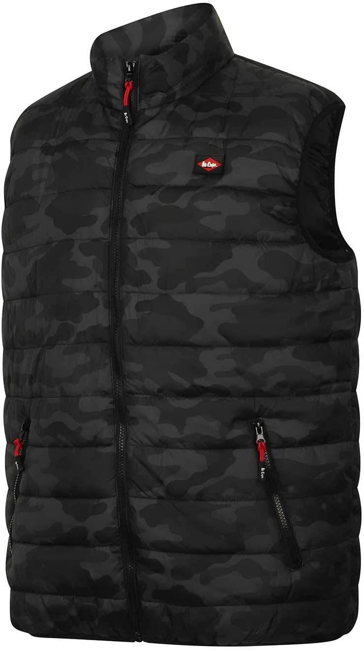 Lee Cooper Workwear Mens Slim Fit Lightweight Camo Print Padded Vest Windproof Showerproof Thermal Bodywarmer Gilet, Black Camo, XXL