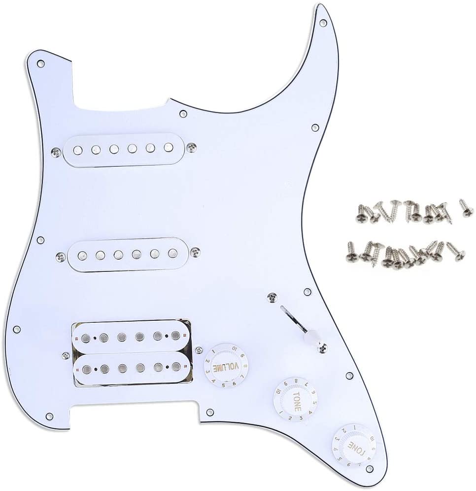 Musiclily 11 Hole SSH Loaded Pickguard Strat Prewired Pickguard Scratchplate with Single Coil Humbucker Pickups Set for Strat ST Style Electric Guitar,3Ply White