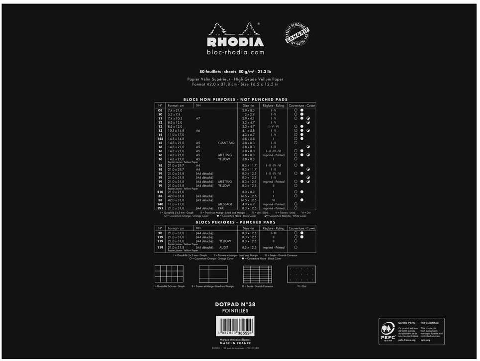 RHODIA 38559C, Stapled Notepad Dot pad N°38 Black, A3, Dot Dotted, 80 Detachable Sheets, White Clairefontaine Paper 80 g/m - Image 3