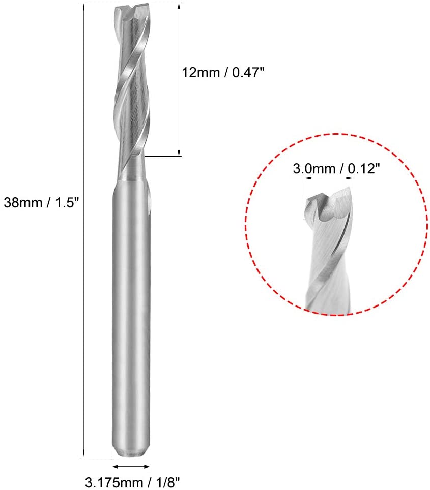 sourcingmap 5PCS 1/8" Shank 3.0mm x 12mm Carbide End Mill CNC Router Bits 2 Flute Milling Bit for Acrylic PVC MDF Wood - Image 3