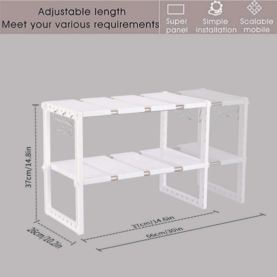 SMONTER Expandable Under Sink Organizer 2-Tier Adjustable Shelf Organizer with 10 Removable Panels and Stainless Steel Pipes with Hooks, Multifunctional Storage Rack - Image 2
