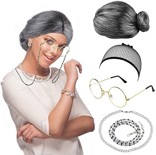 DECARETA Old Lady Costume Set,5 Pieces Wig Fancy Dress,a Gray Old Lady ...