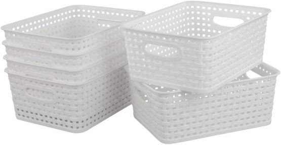 Bblina 6-Pack Small White Plastic Weave Rattan Storage Basket Box
