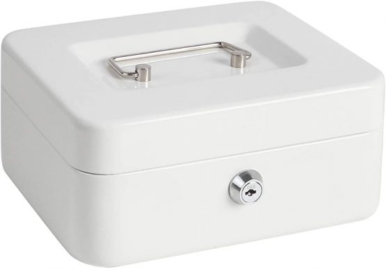 Cash Box with Money Tray, Metal Locking Money Box with Key Lock for Security, 7 4/5" x 6 4/5" x 3 3/5", White
