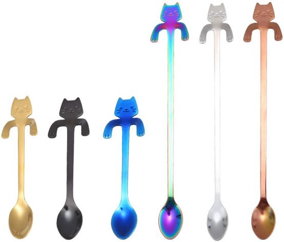 6 PCS Cat Spoon Coffee Tea Spoon Set, ESRISE Stainless Steel Hanging Cup Teaspoons Demitasse Mini Long Cute Kitten Stirring Spoon for Dessert Drink Mixing Milkshake (Multi-6 Cat Spoon)