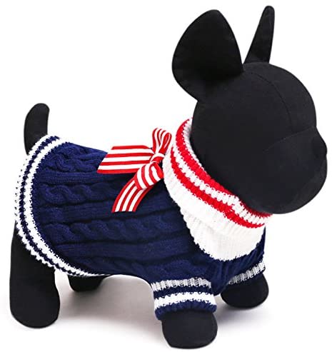 SMALLLEE_LUCKY_STORE Small Dog Sweater Navy Knitwear Cat Jumper Puppy Pet Clothes Bowknot Blue L - Image 3