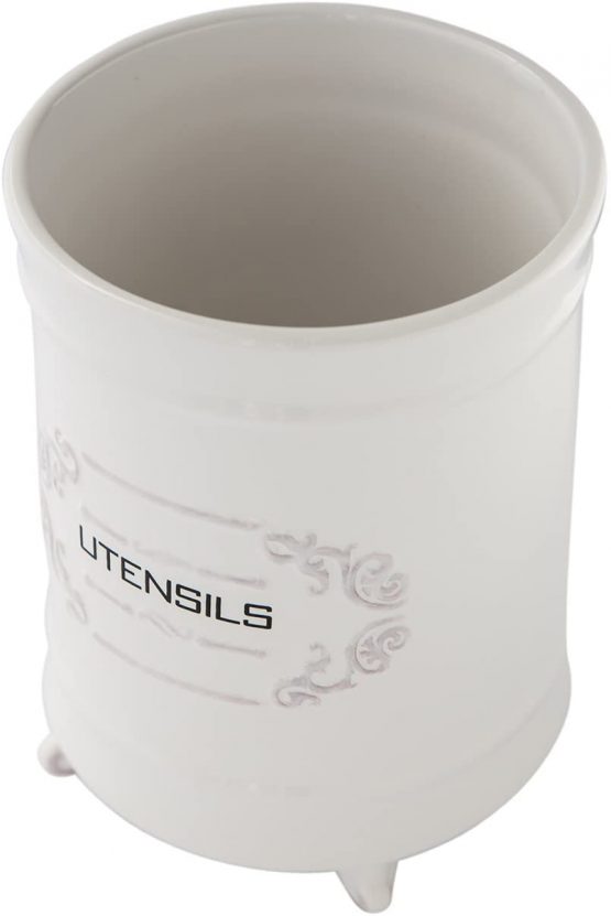 French White Ceramic Utensil Holder - Vintage Style Kitchen Utensil Caddy - Antique Design Cooking Utensil Organizer - Rustic French Country Utensil Crock for Cooking Enthuziast - Image 4