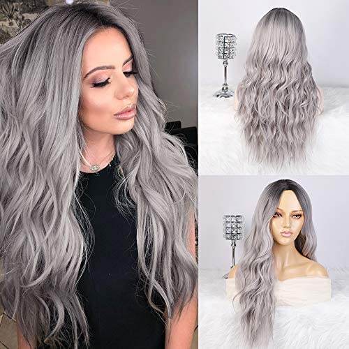 ColorfulPanda Ombre Grey Long Wigs for Women with Dark Roots Black Long Wavy Curly Wig Cosplay Party or Daily Use - Image 2