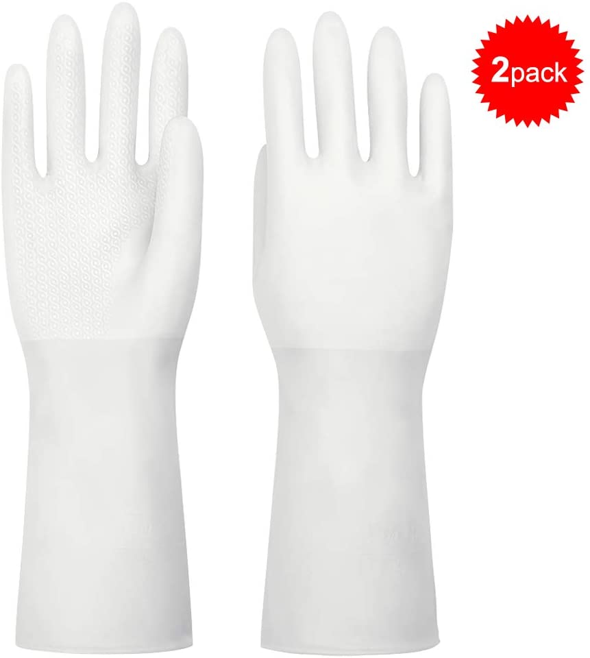 NATUCE 2 Pairs Washing Up Gloves, Household Cleaning Gloves, Waterproof Rubber Gloves, Reusable Kitchen Dishcleaning Gloves, Medium Size (White, M)