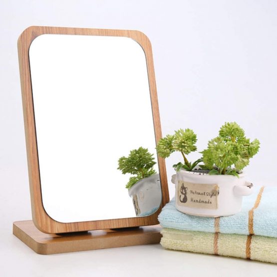 Lurrose Desktop Makeup Mirror Wood Frame Folding Rectangular Cosmetic HD Mirror - Image 2