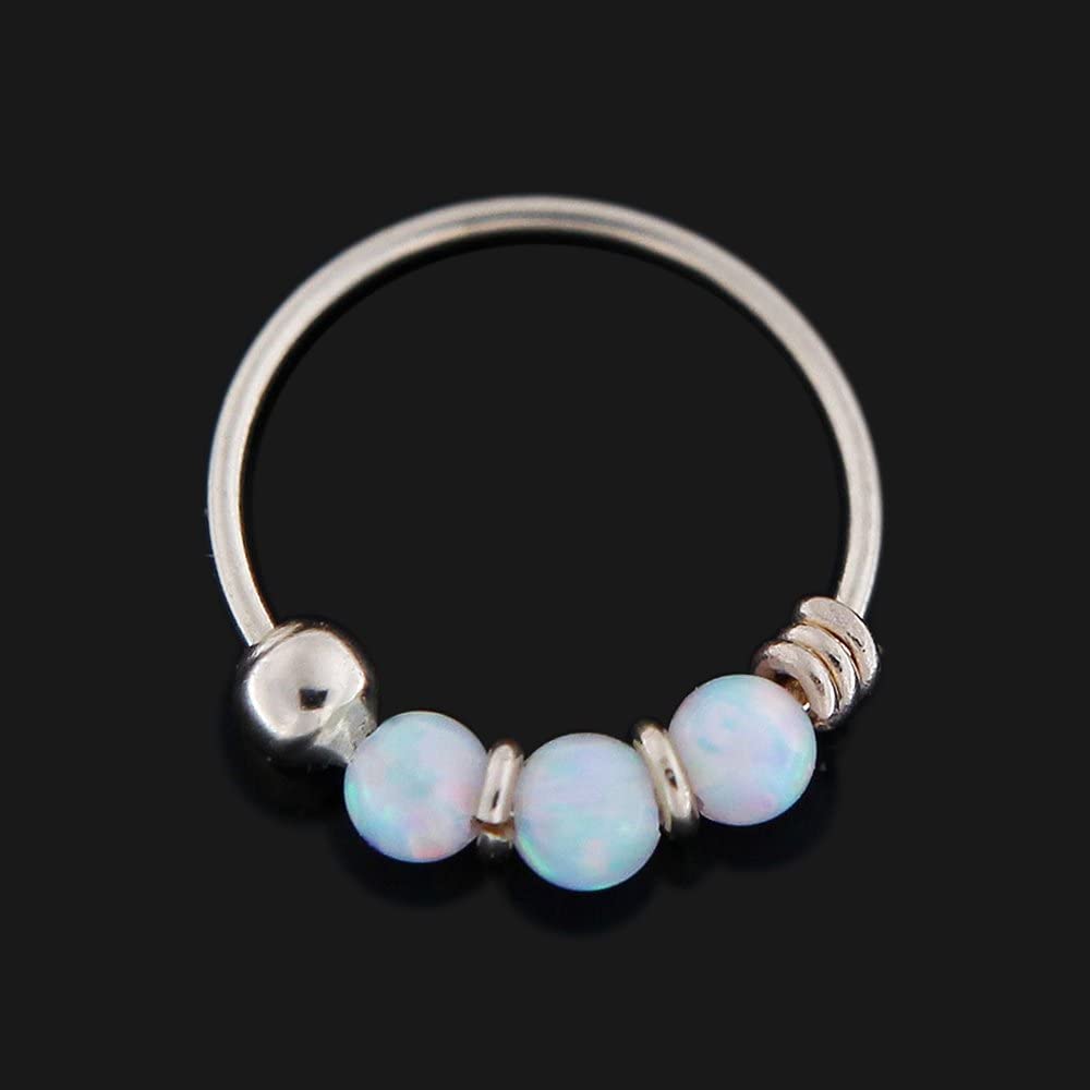 AZARIO LONDON 9K Yellow Gold Nose Ring Triple White Opal Bead 22 Gauge Hoop, White - Yellow Gold, 8 mm - Image 2