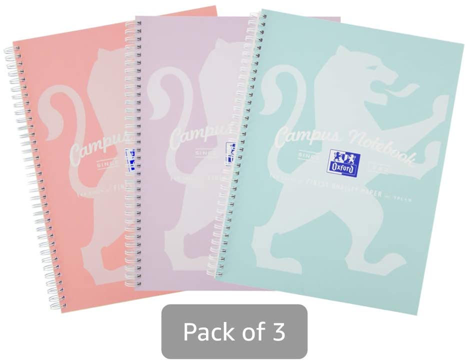 Oxford Campus A5 Notebook, Wirebound, 8 mm Lined with Margin, 140 Page, Pack of 3 Notepads, Pastel Colours, Optik Paper+