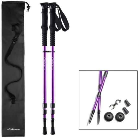Pair of Trekrite Women's 3 Section Collapsible Telescopic Antishock Trekking/ Hiking/ Walking Poles, EVA Foam Handles with Adjustable Padded Strap for Camping, Backpacking, Mountaineering - Purple or Teal